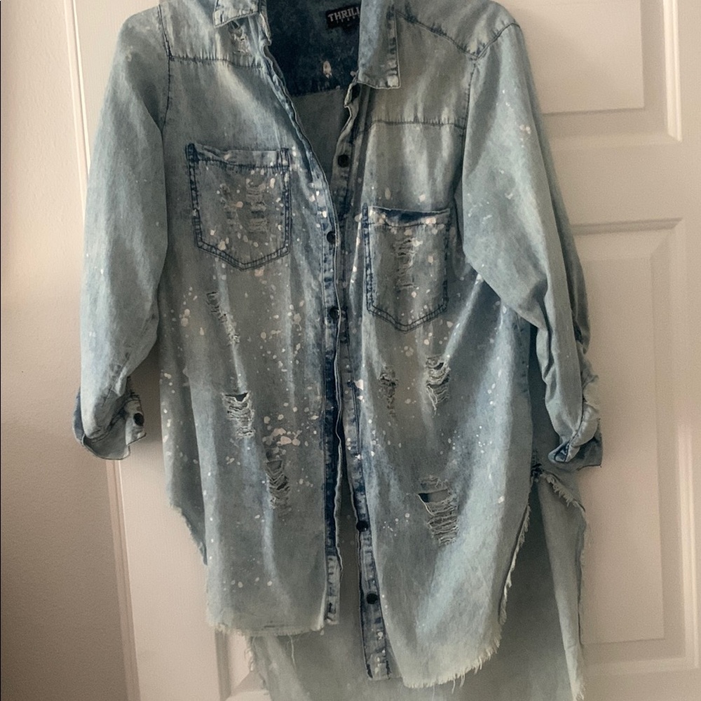 Distressed Denim Shirt with Paint Splatter
